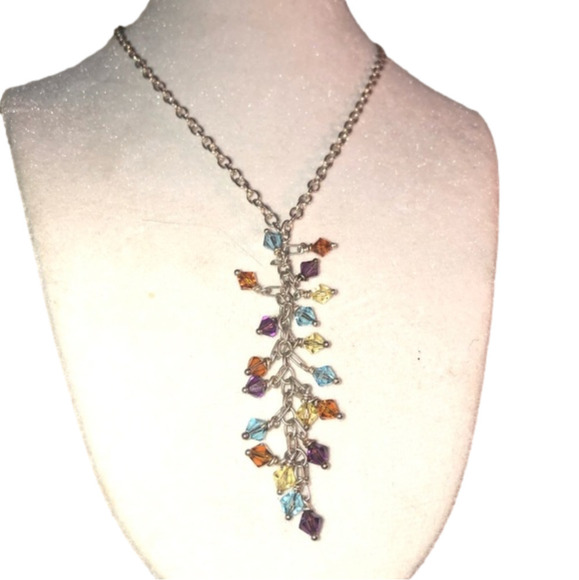 STERLING & Crystal Multi Colour Crystal Drop Necklace 16” w 3” Drop MHJ 925 - Picture 4 of 7